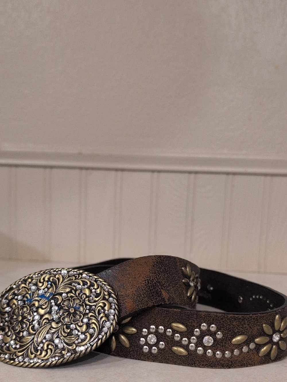 Nocona Studded Brown Leather Western Belt with Ornate Buckle Small